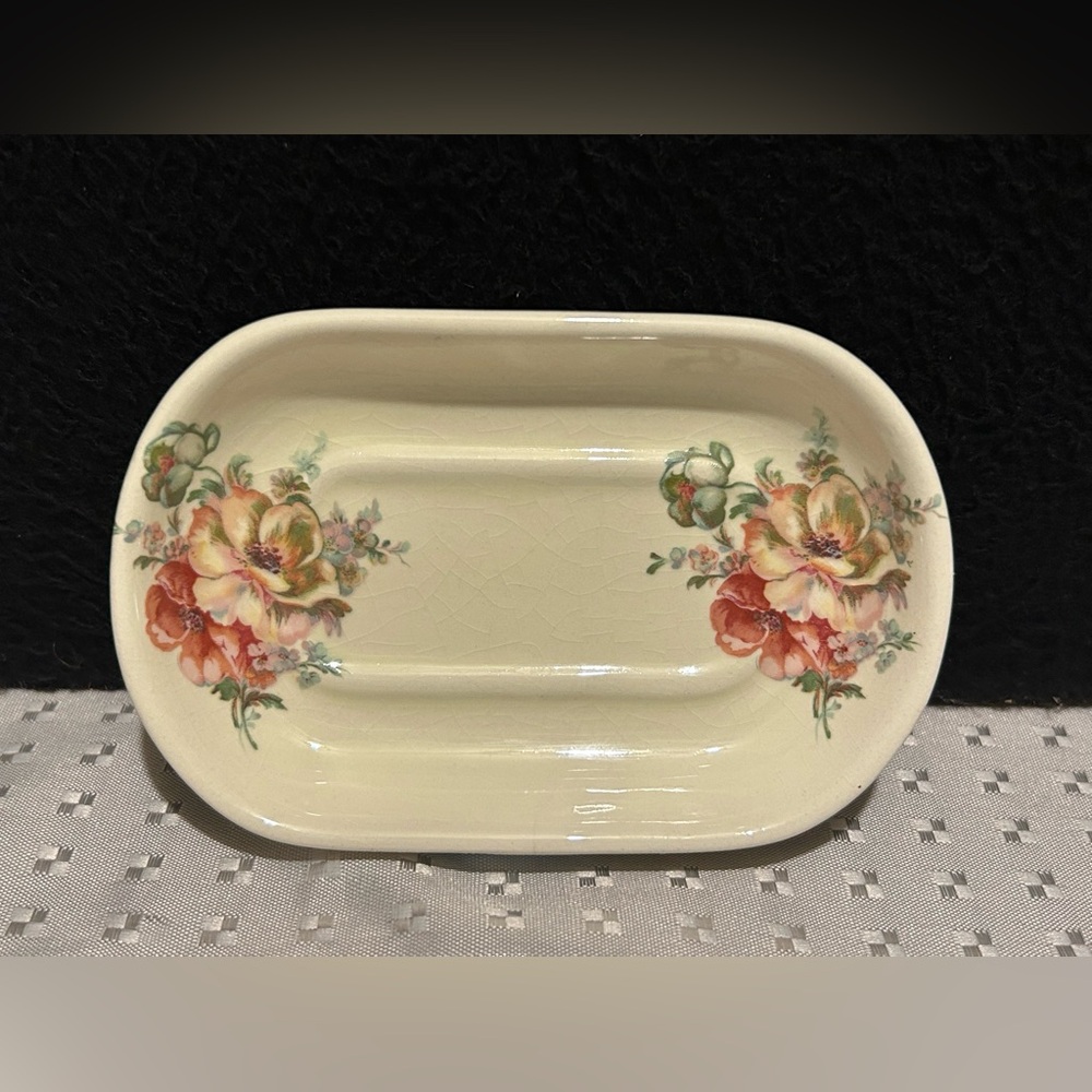 Vintage VB Athena California Pottery Soap Dish - Pink & Peach Flowers EUC